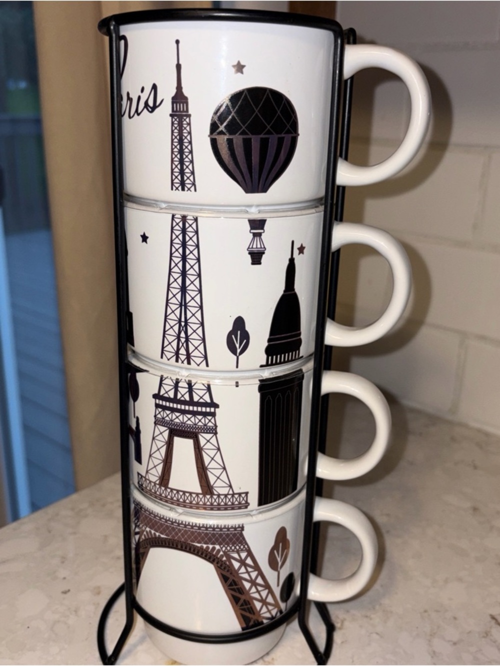 Paris  White and Black Paris Stackable Coffee Mug Set of 4 in a rack